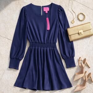 Lilly Pulitzer Lorella Dress Navy Long Sleeve Smocked Waist NWT Size 14